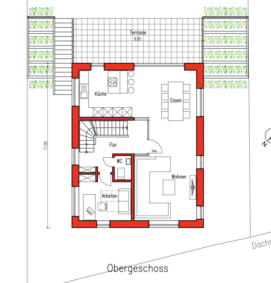 Grundriss des Obergeschosses: Küche, Essen, Wohnen, Arbeiten, WC, Flur, Terrasse.