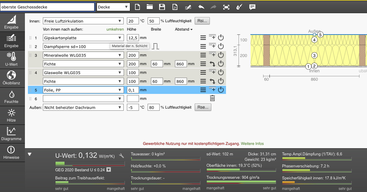 Screenshot einer Bauplan-Software mit oberster Geschossdecke und Dämmmaterialien