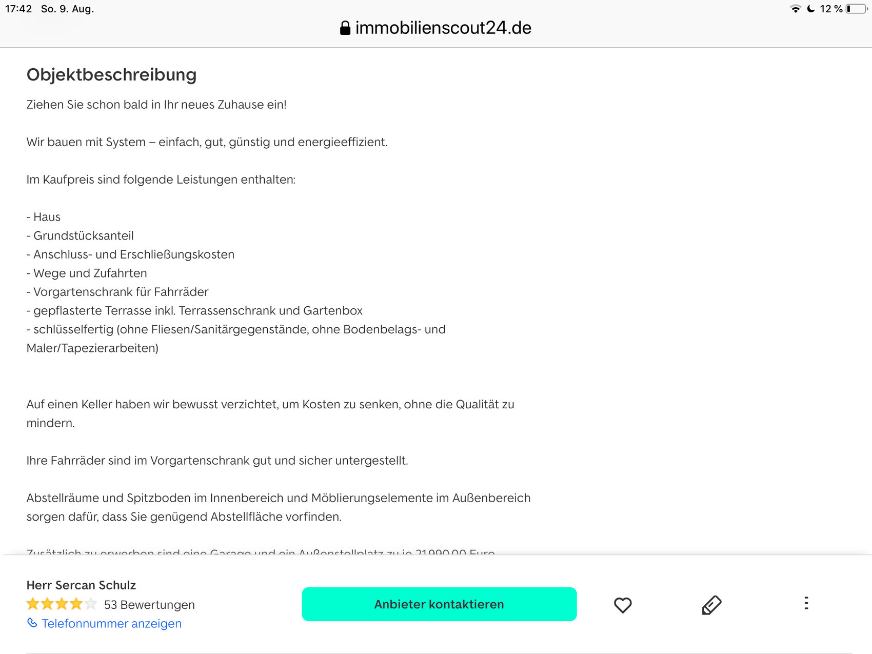 Screenshot einer Immobilienanzeige mit Objektbeschreibung von Immobilienscout24