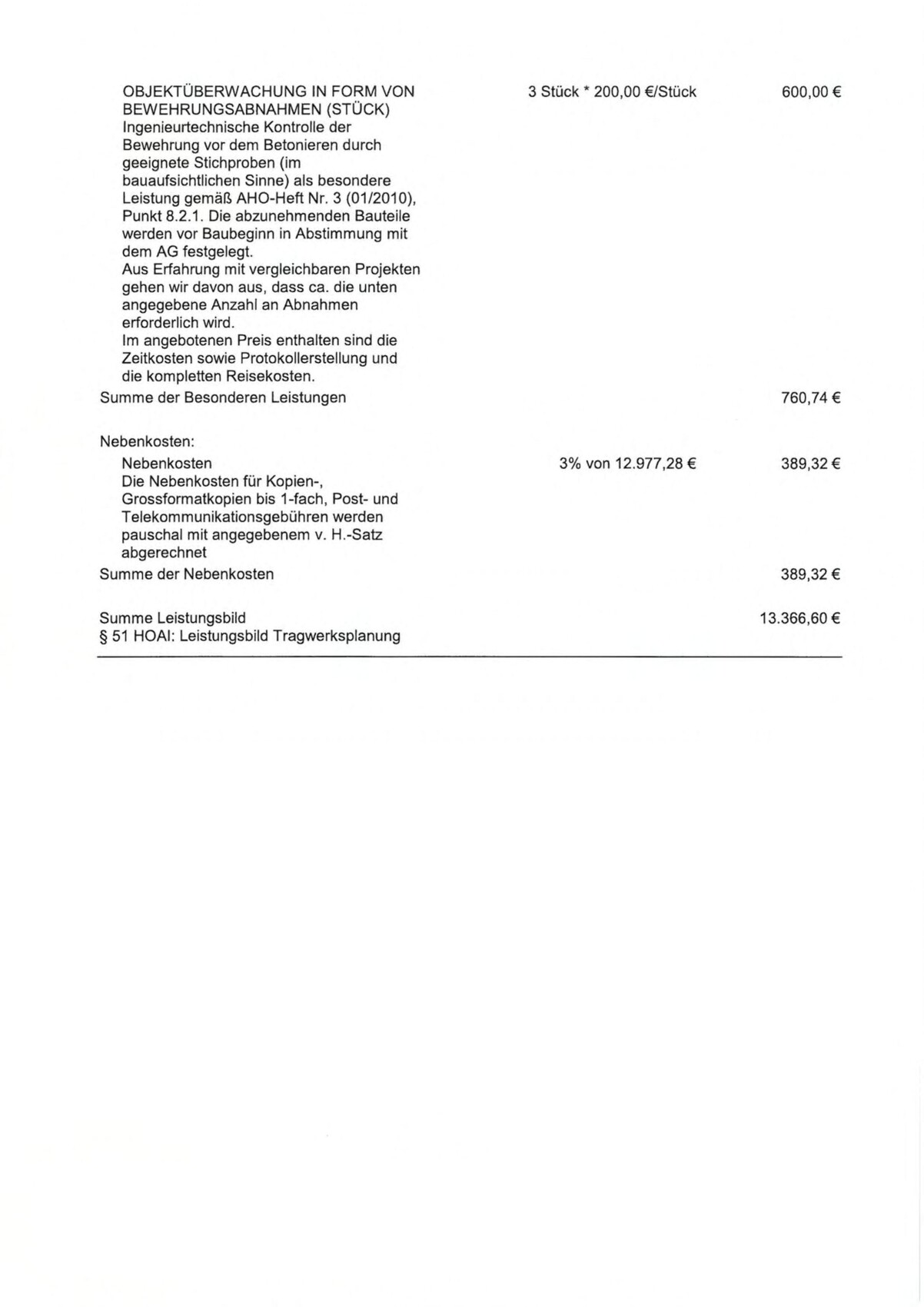 Scan eines Kostenplans mit Leistungsbeschreibung, Nebenkosten und Gesamtsumme.