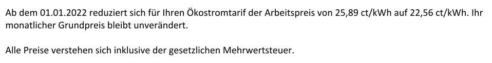 Ökostrom: Arbeitspreis sinkt von 25,89 auf 22,56 ct/kWh; Grundpreis unverändert; MwSt enthalten.