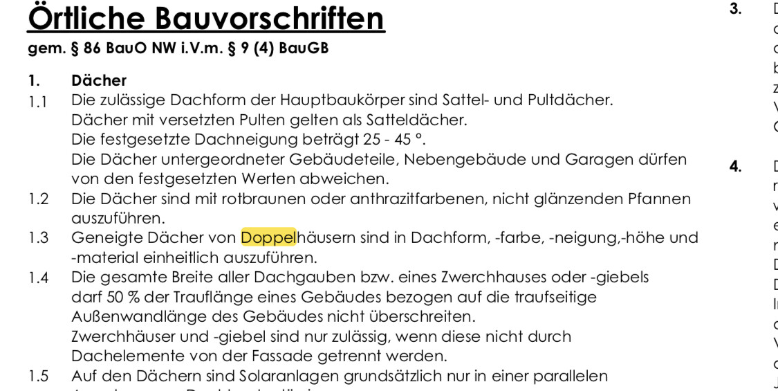 Lokale Bauvorschriften: Richtlinien zu Dachformen, Neigungen und Doppelhäusern.
