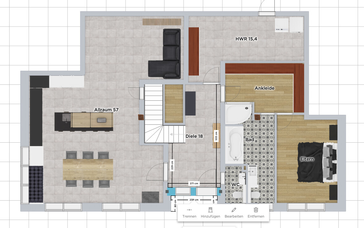 Grundriss eines Hauses: offener Wohn-/Essbereich, Küche, Flur, Bad, WC, Elternzimmer, Ankleide, HWR.