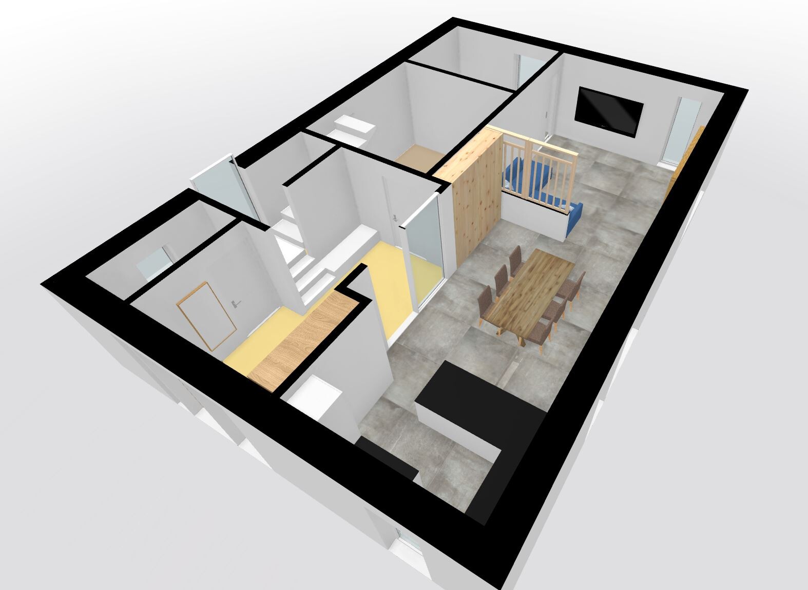 3D-Grundriss eines offenen Wohn- und Essbereichs mit Küche, Esstisch, TV und Treppe
