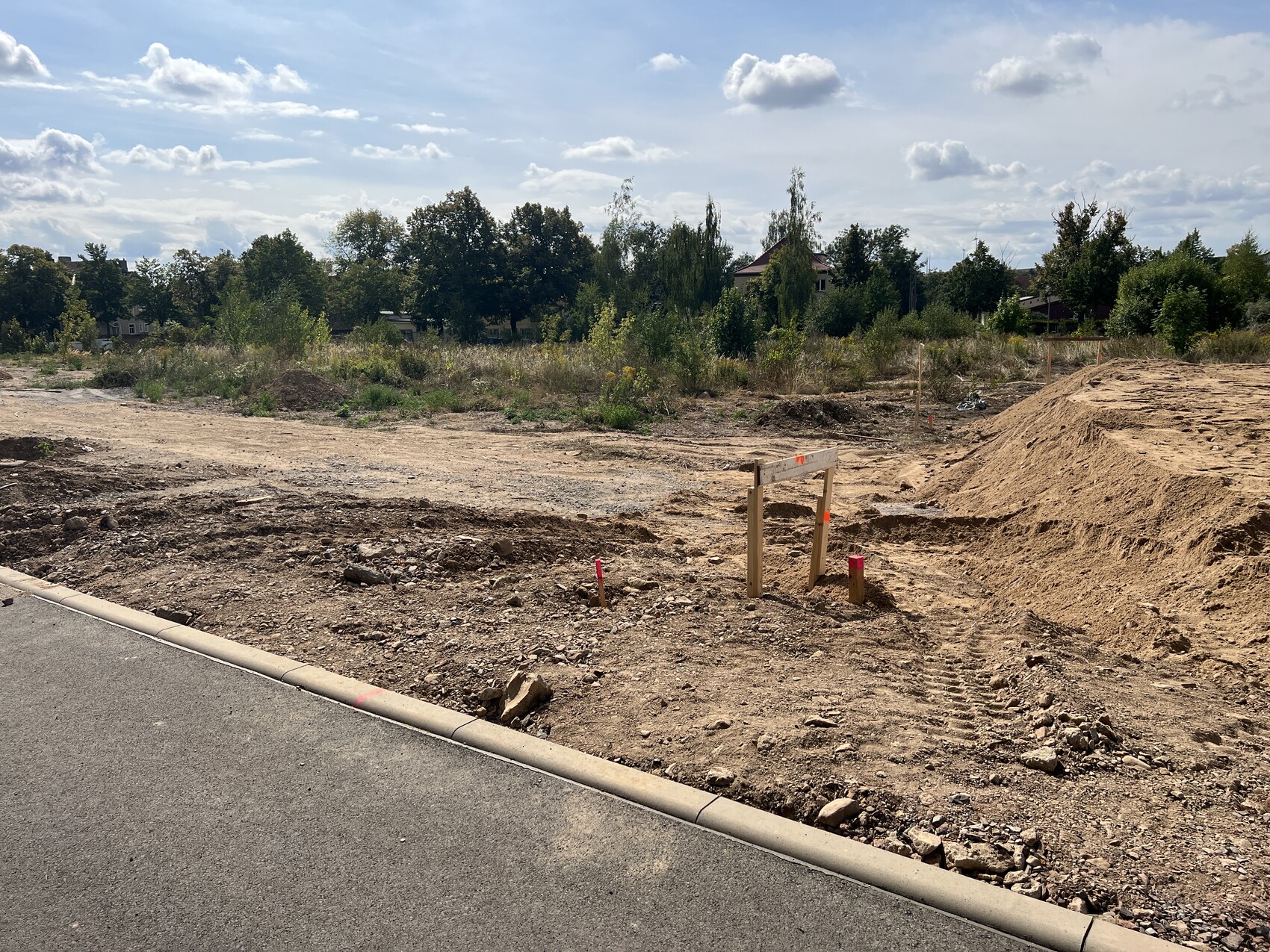 Baustelle mit loses Erdreich, Holzrahmen, Straßenkante vorne, Bäume im Hintergrund