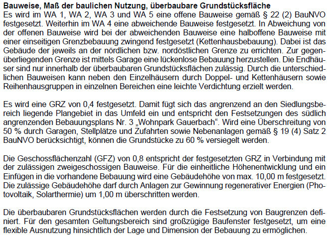 Dokument mit Bauvorschriften zu Bauweise, Grundstücksflächen und GRZ.