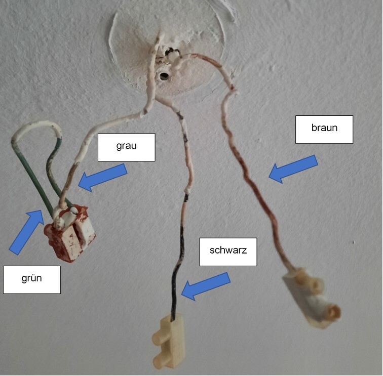 Offene Deckenverkabelung mit Drähten grau, grün, schwarz, braun und Steckverbindungen.