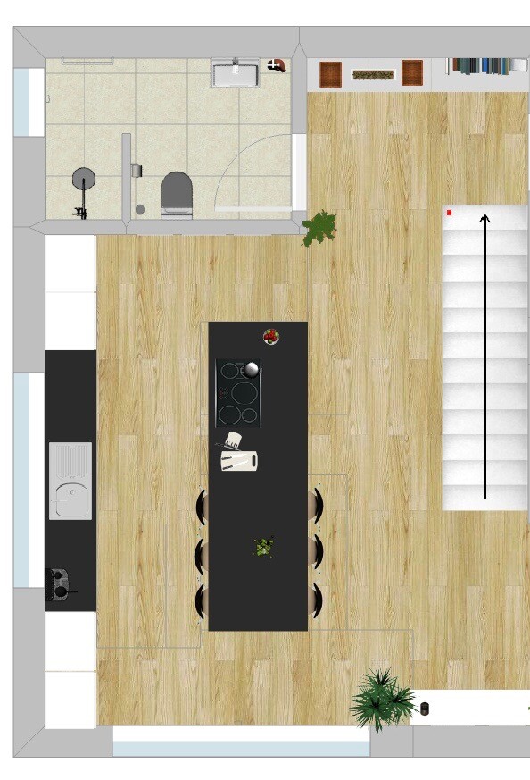 Offene Küche mit zentraler schwarzer Insel, Herd und Sitze; Bad WC/Dusche; Treppe rechts; Holzboden