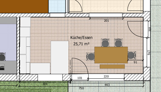 Grundriss eines Küchen- und Essraums (25,71 m²) mit Insel und Esstisch.