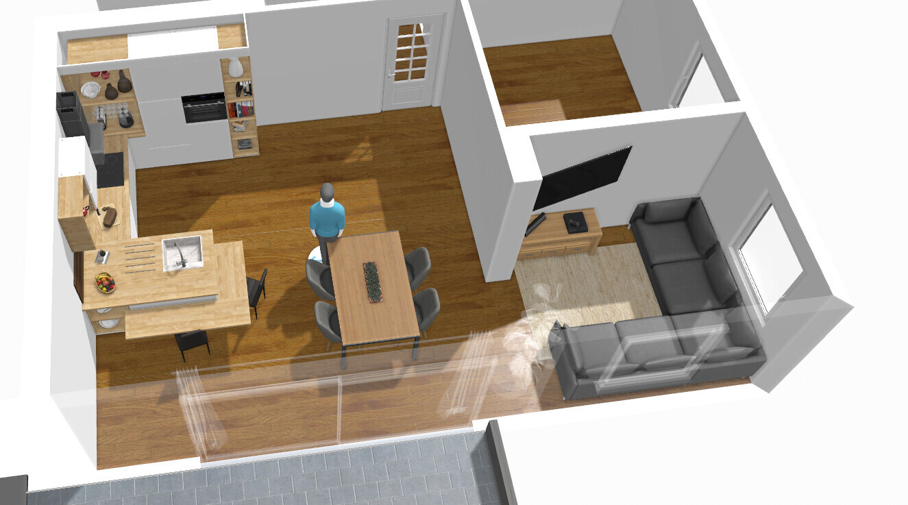 3D-Grundriss einer offenen Küche mit Insel, Esstisch, Wohnzimmer mit Sofa und TV.