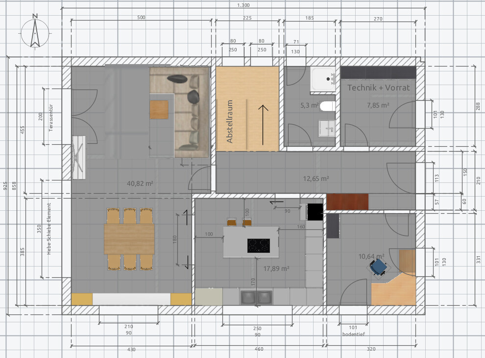 Grundriss eines Wohnhauses: Wohnzimmer mit Esstisch, Küche, Abstellraum, Bad, Technikraum