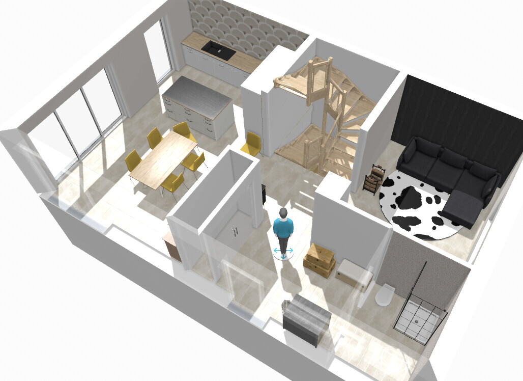 3D-Grundriss eines Hauses: Küche mit Insel, Essbereich, Treppe, Wohnzimmer, Bad, Flur.
