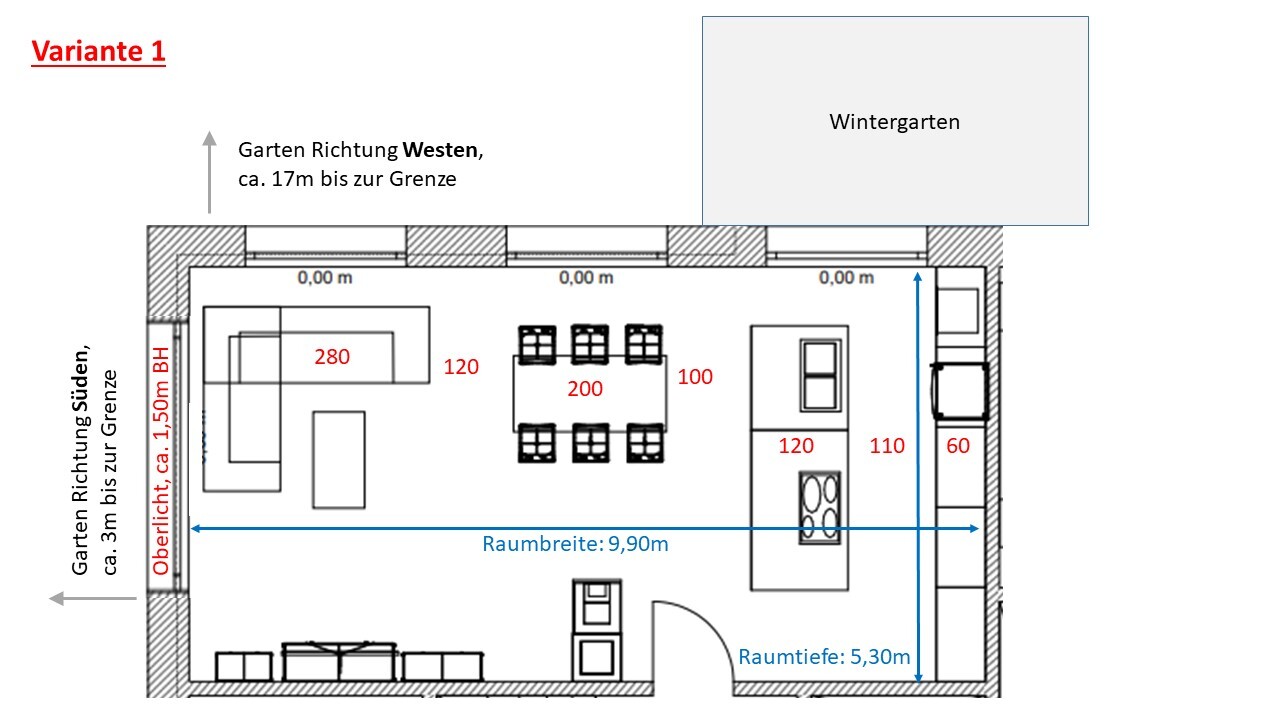 Grundriss eines Wohn-, Koch- und Essbereichs mit Esstisch, Sofa, Kücheninsel und Wintergarten.