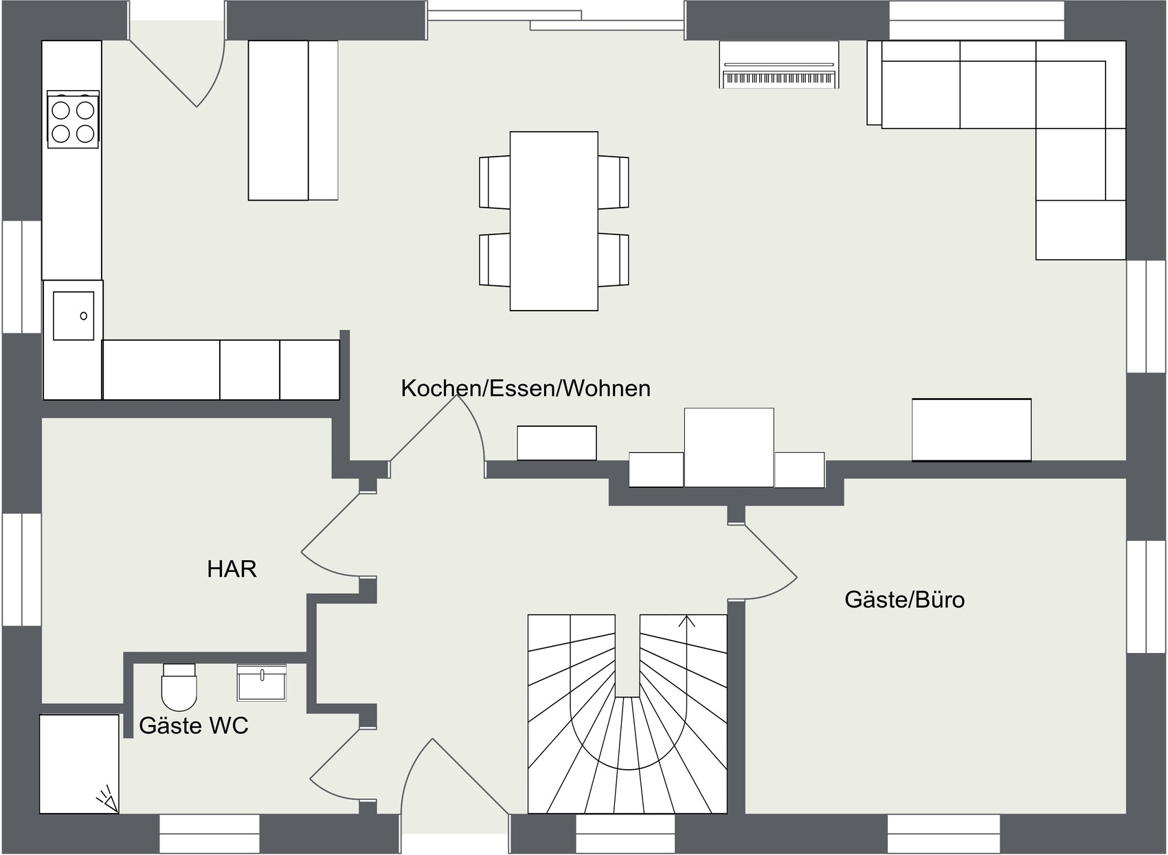 Grundriss eines offenen Kochen/Essen/Wohnen-Bereichs mit Esstisch in Mitte, Treppe unten.