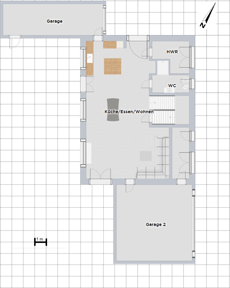 Grundriss: Küche/Essen/Wohnen, HWR, WC, zwei Garagen (Garage und Garage 2)