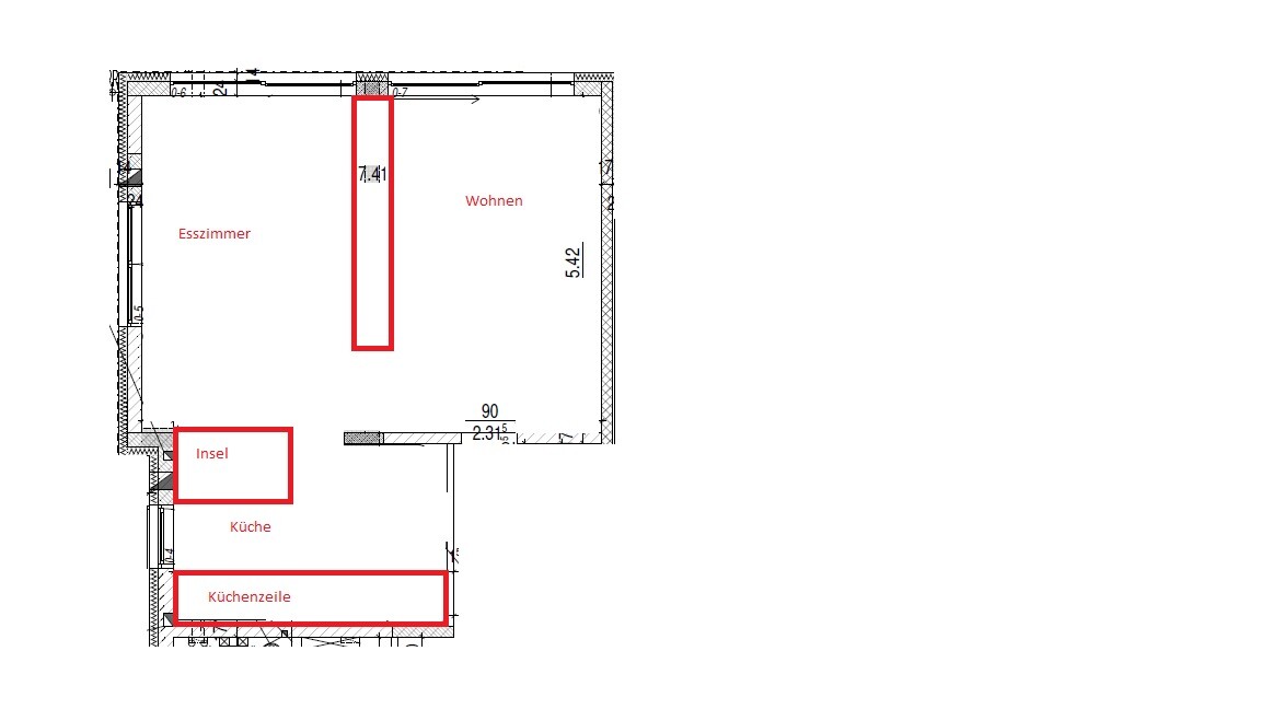 Grundriss eines Wohnungsplans: Esszimmer links, Küche unten mit Insel/Küchenzeile, Wohnen rechts.