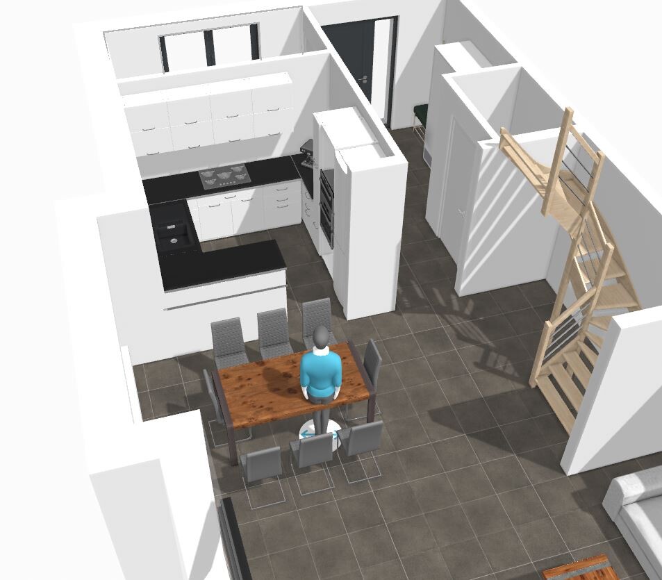 3D-Rendering eines offenen Küchen- und Essbereichs mit Person am Esstisch, Stühlen und Holztreppe.