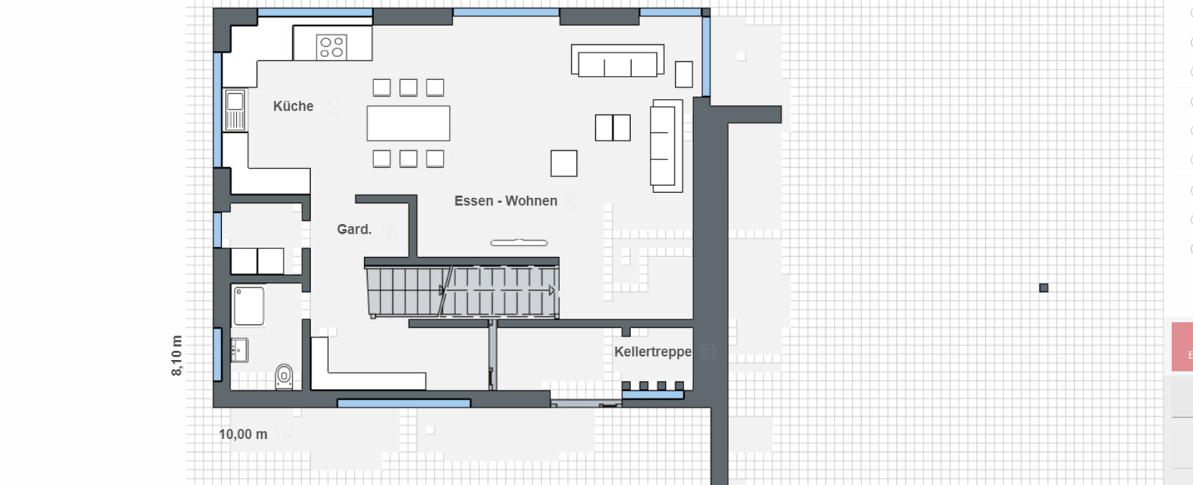 Grundriss: Küche links, offenes Essen-Wohnen, Treppe und Kellertreppe.
