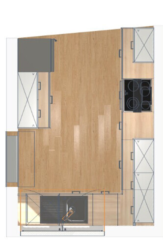 Top-Down-Grundriss einer offenen Küche mit Arbeitsplatten, Herd und Holzboden.