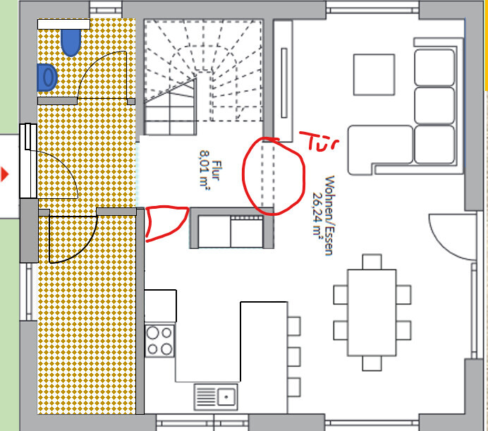 Grundriss eines Hauses: Küche, Wohn/Essbereich, Bad, Flur mit Treppe; Türmarkierungen.