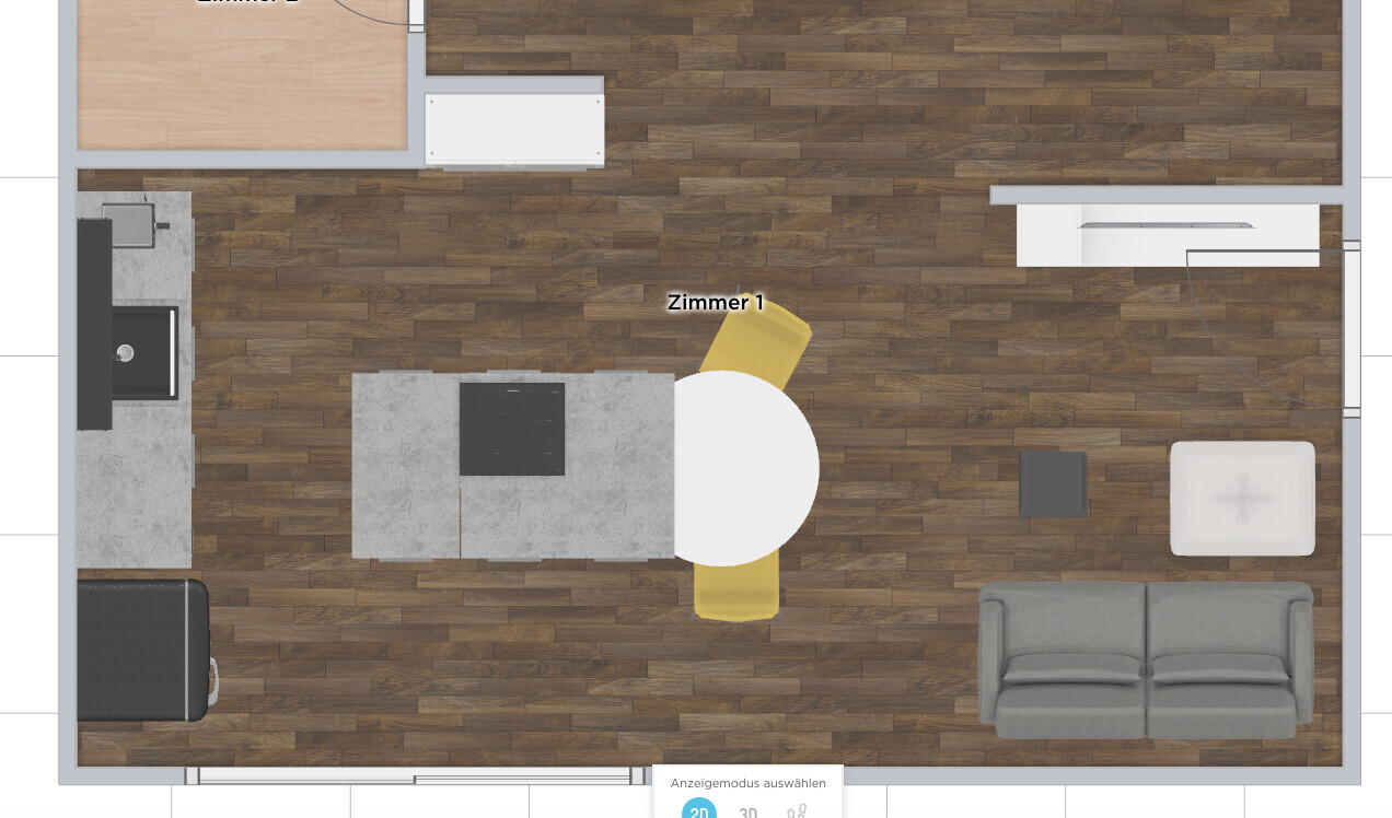 Top-Ansicht: Offener Wohn-/Küchenbereich mit Insel, runder Tisch, gelber Stuhl, Sofa, Zimmer 1