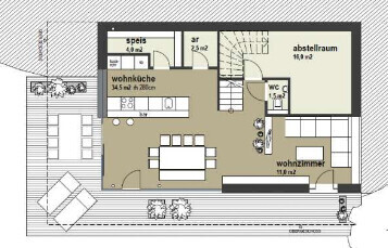 Grundriss eines offenen Wohnbereichs mit Küche, Speis, Abstellraum, WC und Terrasse