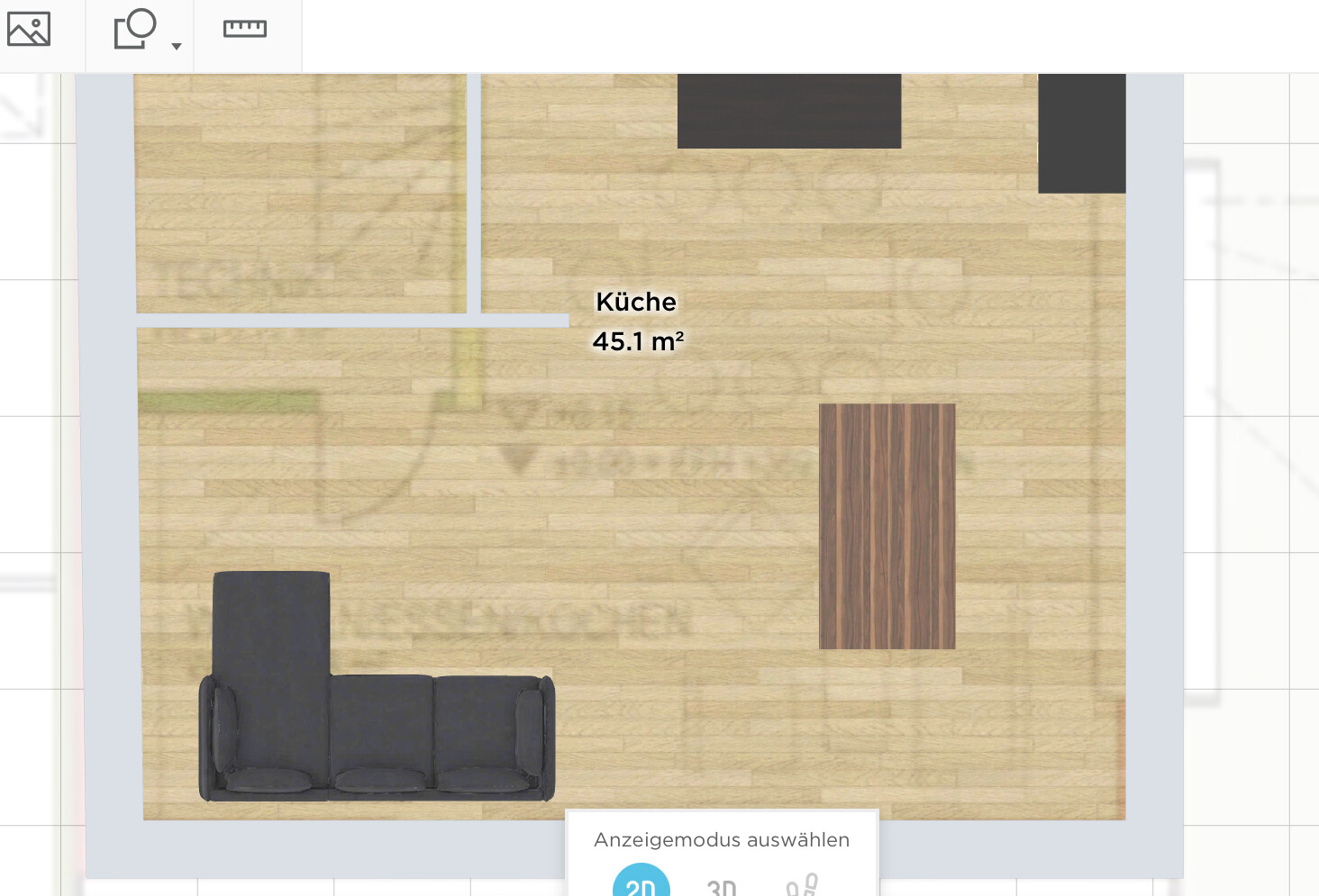 Grundriss eines Wohnraums mit Küche: Sofa links, Esstisch rechts, Holzfußboden, 45,1 m².