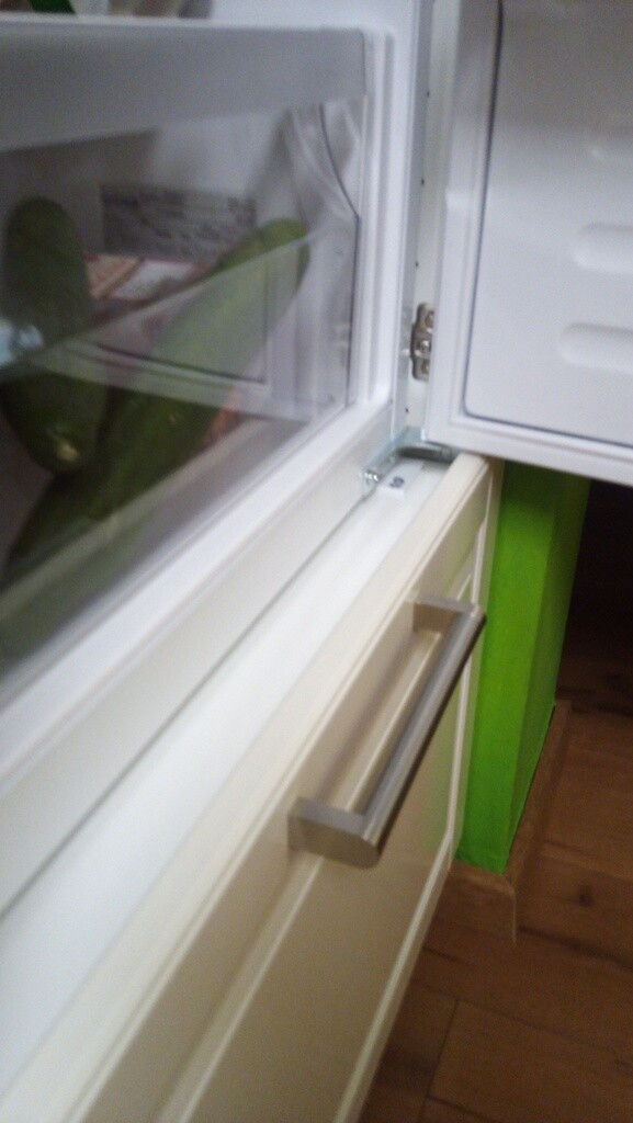 Offene Küche mit weißem Kühlschrank, grün gestrichener Wand und Holzfußboden.