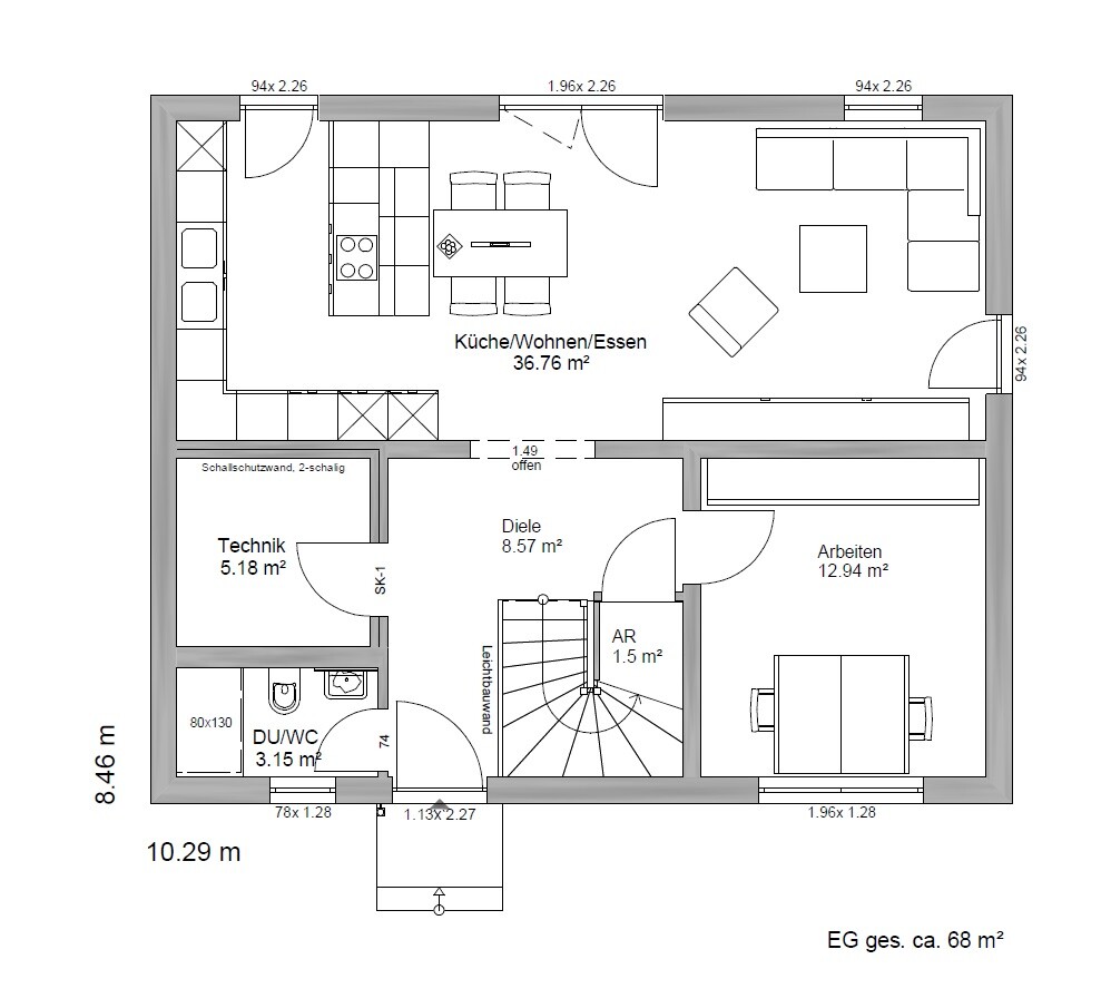 Grundriss eines Hauses mit offener Küche/Wohnen/Essen, Arbeitszimmer, Technik, Diele, AR und DU/WC.