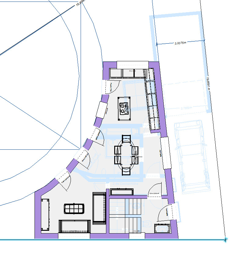 Architekturplan mit offener Küche, Esstischbereich, Lounge und rechte Garage.