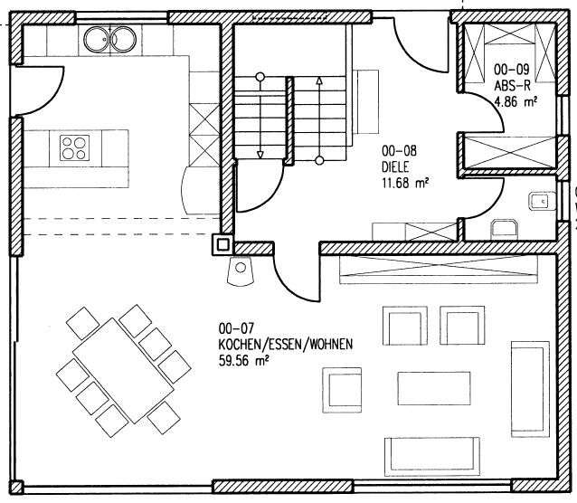 Grundriss eines offenen Küchen-/Ess-/Wohnbereichs mit Diele und Treppe