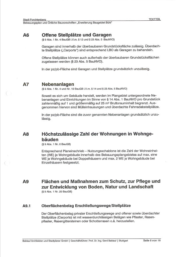 Bebauungsplan-Seite mit Abschnitten A6 bis A9: Stellplätze, Nebenanlagen, Wohnungen, Flächen.
