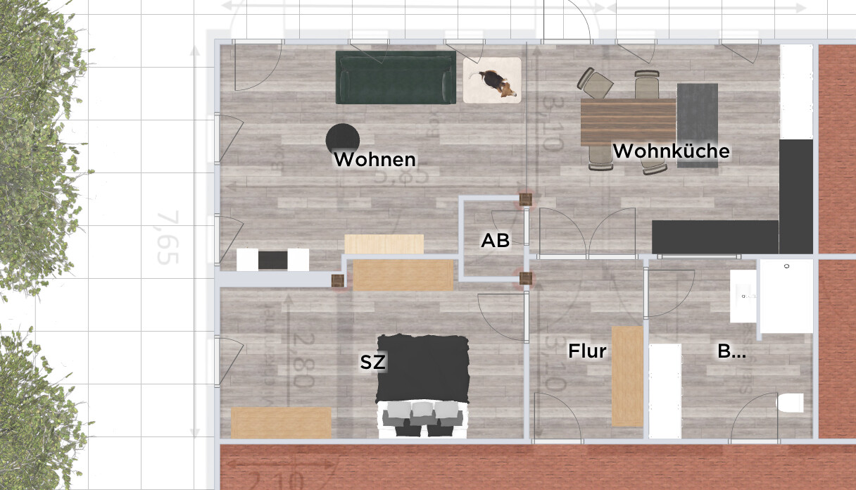 Grundriss einer Wohnung von oben: Schlafzimmer, Wohnen, Wohnküche, Flur, Abstellraum, Bad.