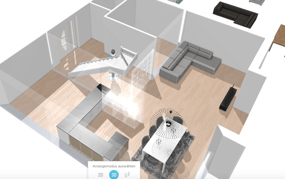3D-Rendering eines offenen Wohn-, Ess- und Küchenbereichs mit Treppe und Sofa.