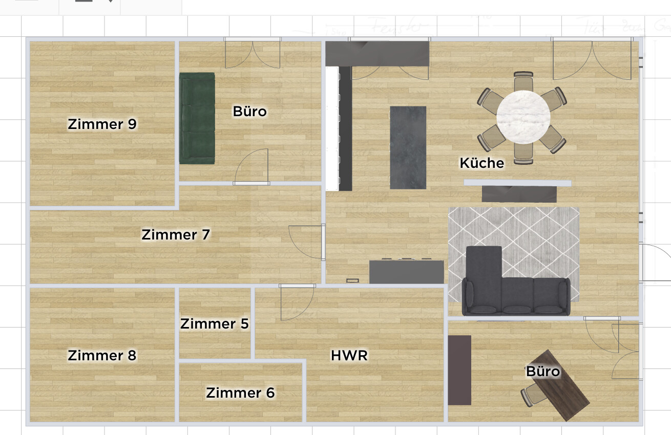 Grundriss eines Hauses: Zimmer 5–9, HWR, zwei Büros, Küche mit Esstisch, Wohnzimmer.