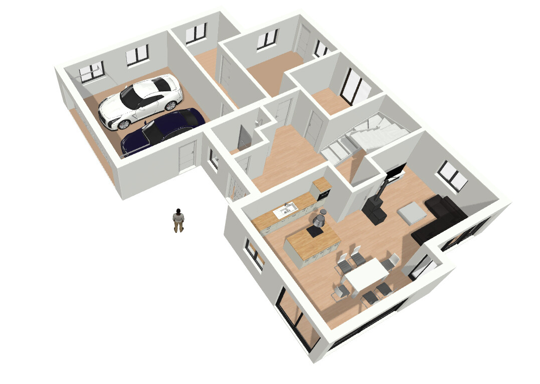 Isometrischer Grundriss eines Hauses: Garage mit zwei Autos, offene Küche, Essbereich und Wohnzimmer