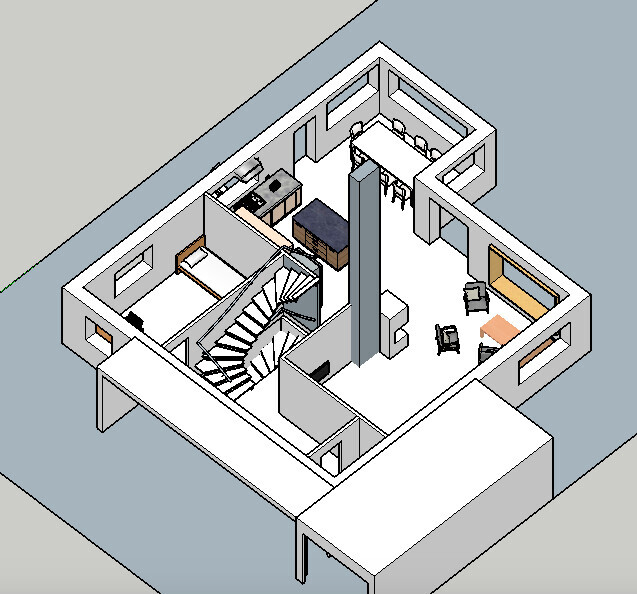 Isometrische Wohnungsansicht: Treppe, Küche, Essbereich, Arbeitsbereich und Wohnzimmer.