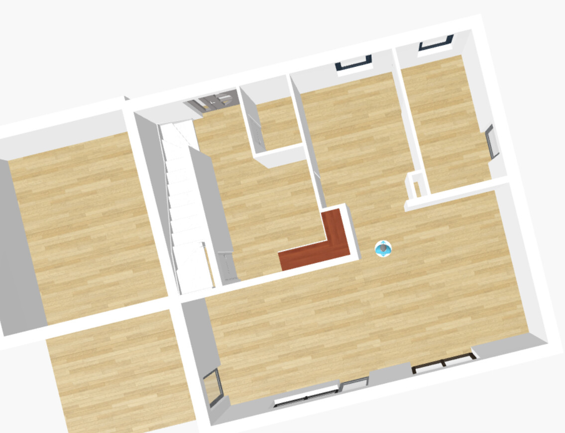 3D-Grundriss eines Hauses: offener Wohnbereich, Treppe, Holzboden und mehrere Räume.