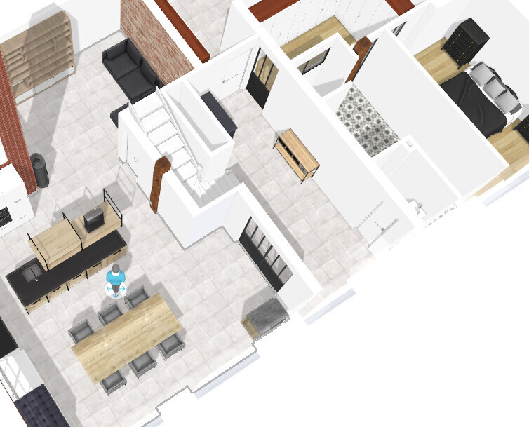 3D-Plan eines Apartments: offenes Wohnzimmer/Essbereich, Küche, Treppe, Flur, Schlafzimmer.