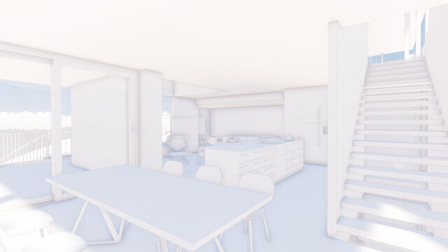 3D-Rendering eines offenen Wohn- und Kuechenbereichs mit Esstisch und Treppe
