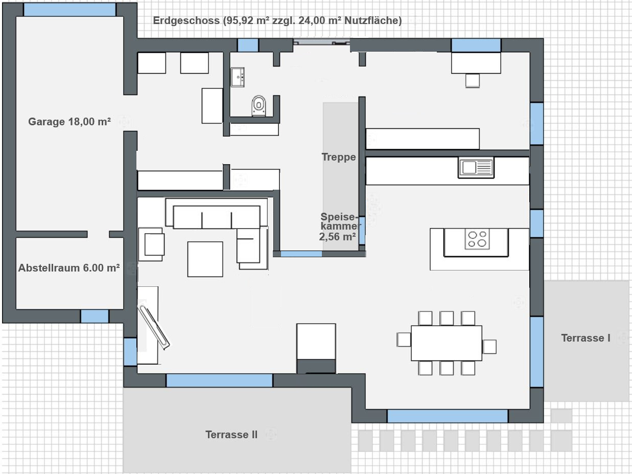 Grundriss Erdgeschoss: Garage, Abstellraum, Treppe, Küche, Ess-/Wohnbereich, Terrassen.