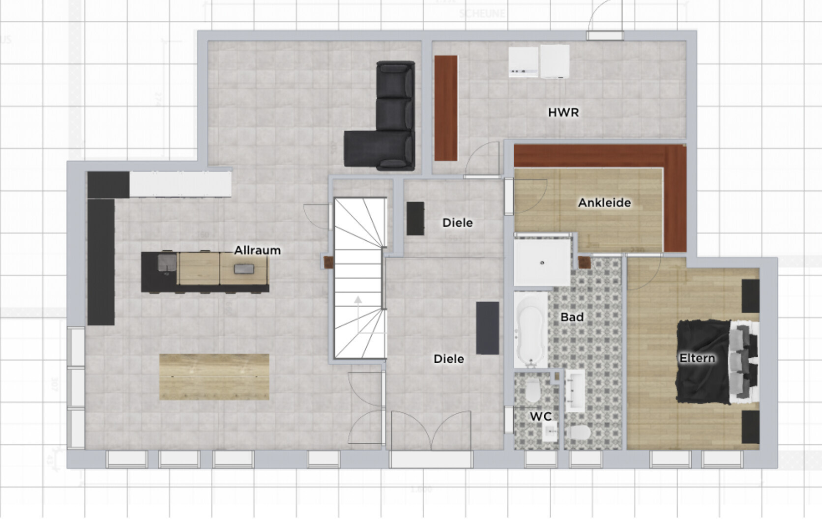 Grundriss eines Wohnhauses: Allraum, Diele, HWR, Ankleide, Bad, WC und Elternzimmer.