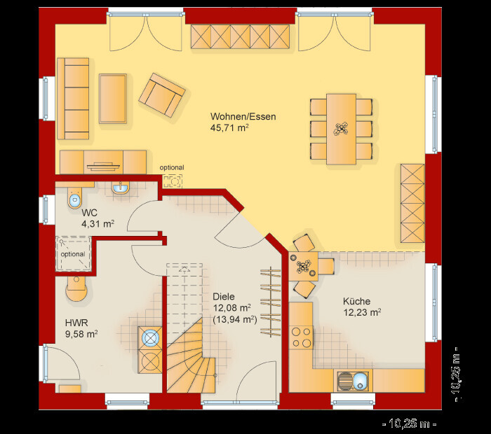 Grundriss: offener Wohn-/Essbereich, Küche, Diele, WC, HWR und Treppen.
