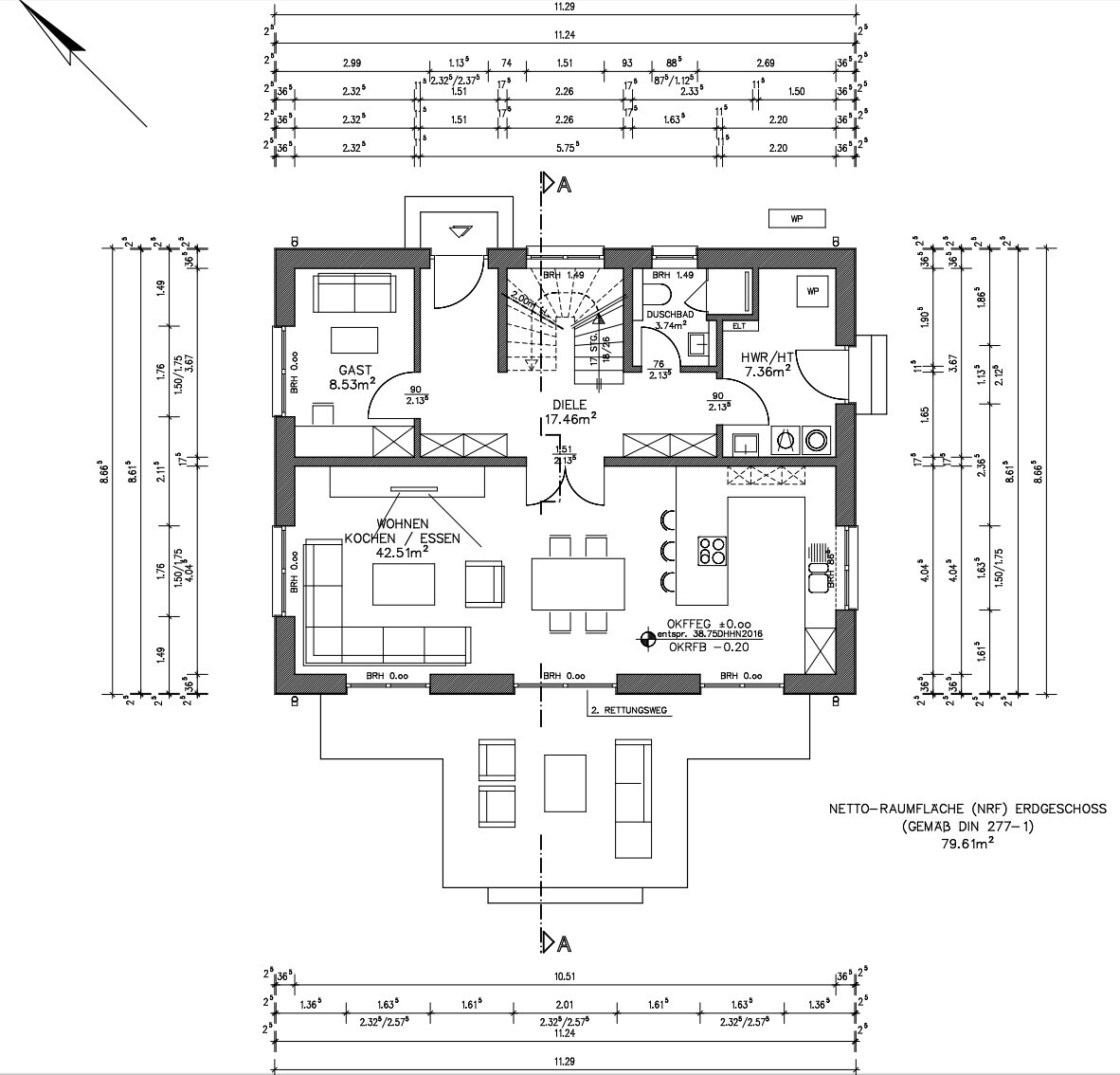 Grundriss: Offenes Wohnen/Kochen/Essen, Gast, Diele, Bad, HWR, Treppe.