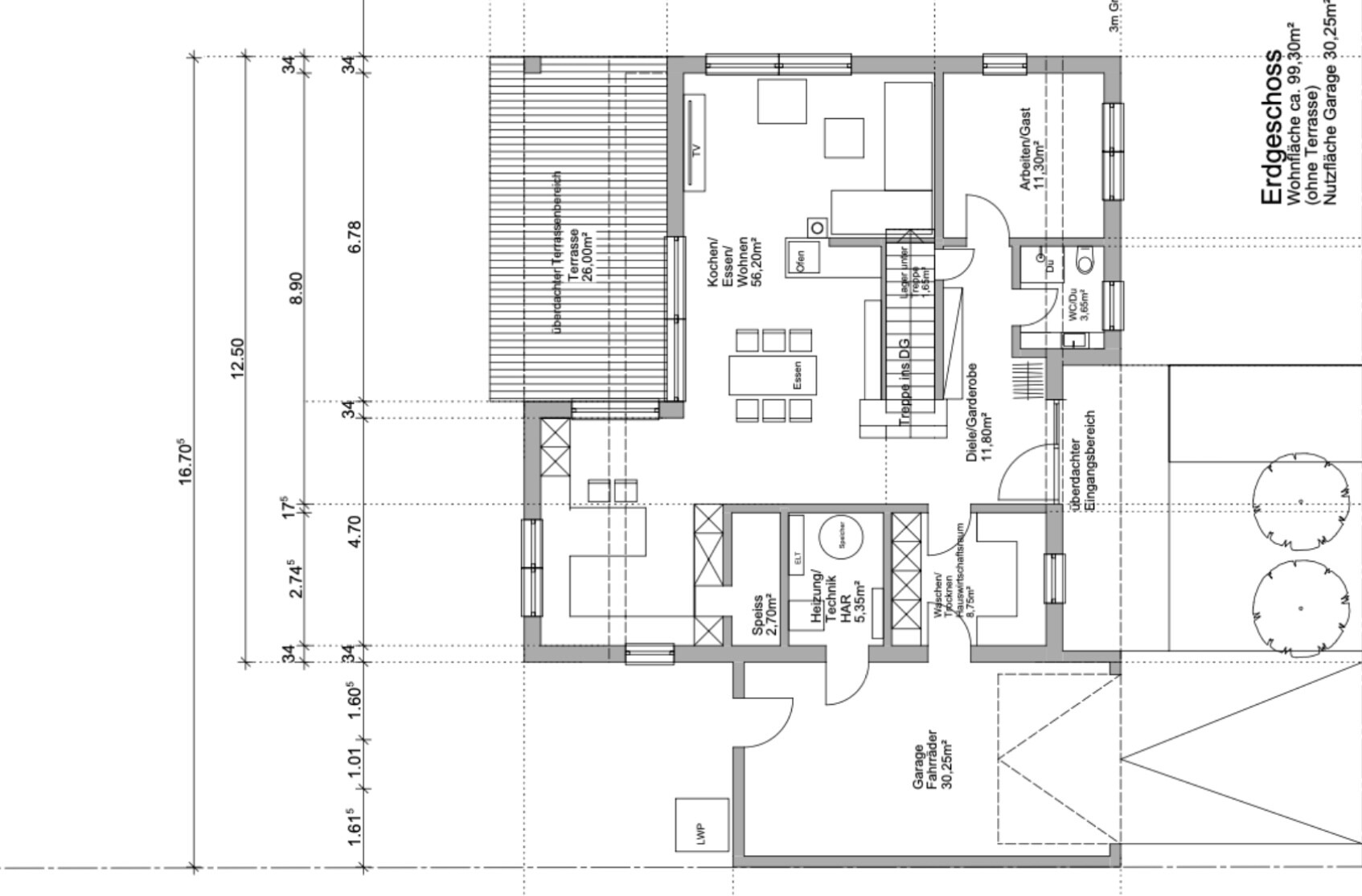 Grundriss Erdgeschoss: offener Wohnbereich mit Küche, Terrasse und Garage