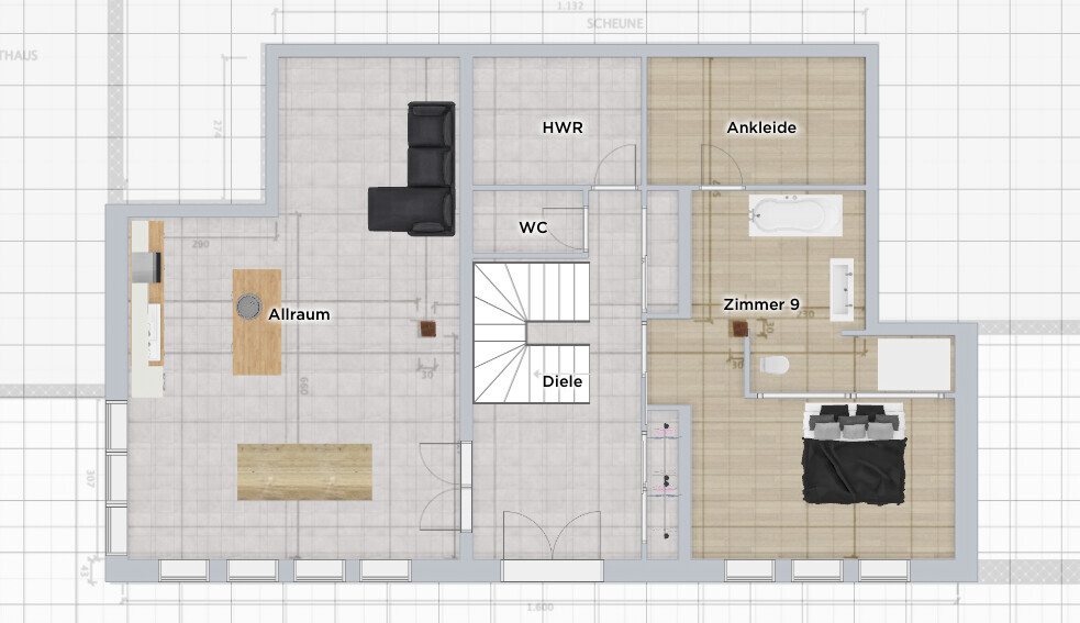 Grundriss: Allraum mit Esstisch, Treppe, Diele, HWR, Zimmer 9 mit Bett.
