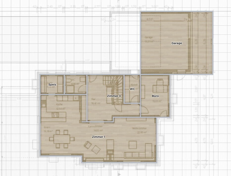 Grundriss eines Hauses mit Wohnzimmer, Küche, Speis, Zimmer 1, Zimmer 3, Büro, WC und Garage.