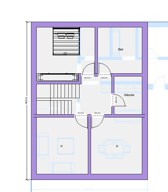 Grundriss eines Stockwerks mit Treppenhaus, Bad oben rechts, Wäsche, zwei Räume unten (K)