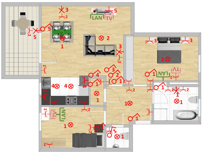 Grundriss einer Wohnung mit Küche Wohnzimmer Schlafzimmer Bad und Balkon rote Symbole markiert