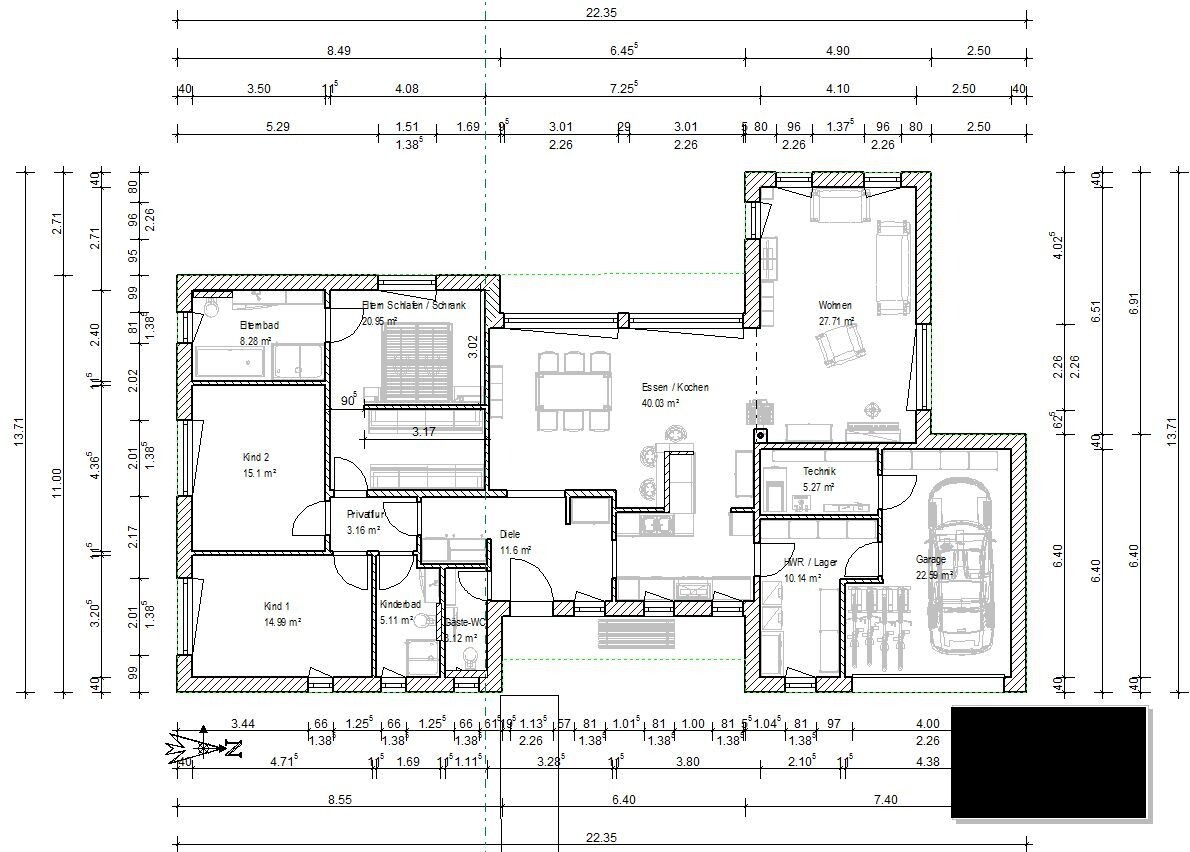 Grundriss eines Hauses: Wohnzimmer, Küche/Essbereich, Flur, 3 Schlafzimmer, Bad, Gäste-WC, Garage